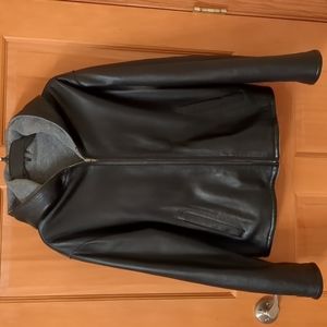 COPY - Leather Hooded Black Jacket With Gray Fleece Lining Reversible Med